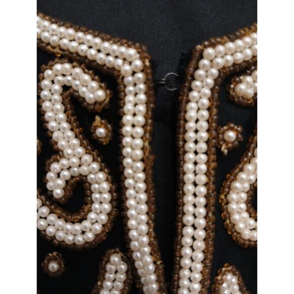 Vintage SILK Jacket Black White Pearls Sz SP Formal Holiday Party Glam Cropped - Picture 15 of 16